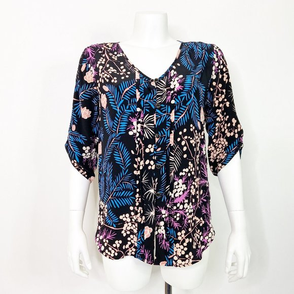 Yumi Kim 100% Silk Faux Button Dark Floral Top Size Small - Picture 1 of 7